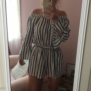 blue and white stripped off the shoulder romper